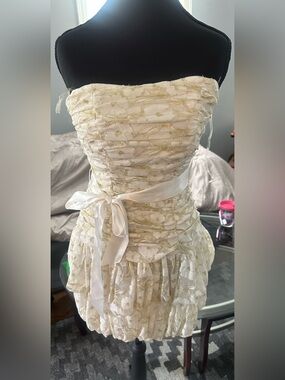 Sequin Hearts Ivory and Gold Strapless Mini Dress